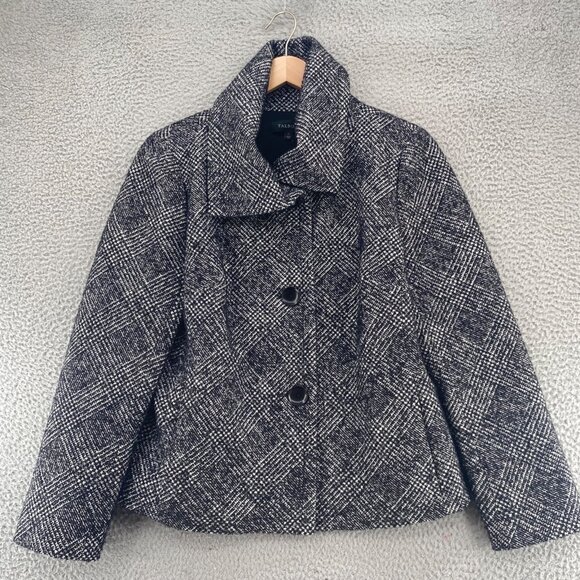 Talbots Coat Womens 14 Black Wool Blend Tweed Shimmer Button Up Pockets Collared - Picture 1 of 10